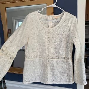 White Lace Bell Sleeve Button Up Blouse